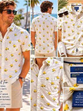 APT 9 Shirt Small White Lemon Preppy Vacation Coastal Grandpa Resort Vacation